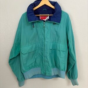Vintage Pacific Trail Navy and turquoise wind breaker with hideaway hood
